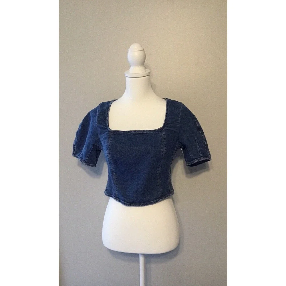 OLD NAVY Womens Crop Top Blue Denim Jean  Ruched Short Sleeve Square Neck Puffed